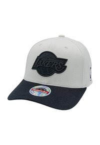 Cappellino da baseball grigio con logo dei Los Angeles Lakers nero, visiera nera a contrasto e adesivo olografico sul bordo.