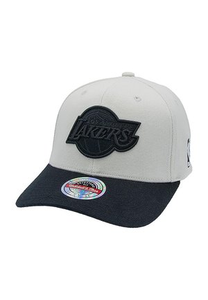 Gray baseball cap with a black Los Angeles Lakers logo, contrasting black visor, and a holographic sticker on the brim.