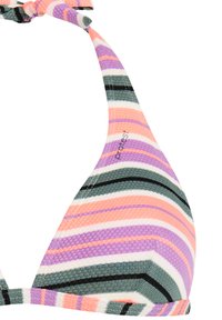 Trójkątny top bikini z pastelowymi paskami w kolorach różowym, fioletowym, zielonym, białym i czarnym, wiązany na szyi.