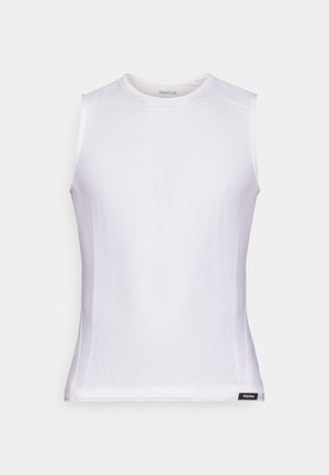 White sleeveless athletic shirt made of breathable mesh fabric, featuring a round neck and a small logo label at the bottom left.