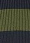 Gestreifter Stoff mit dunkelblauen und olivgrünen horizontalen Streifen sowie einer gerippten Textur, geeignet für verschiedene Textilanwendungen.