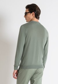 Maglione verde chiaro, maniche lunghe, collo a giro, lavorazione a maglia testurizzata, polsini e orlo a coste, indossato con pantaloni verdi chiari e occhiali da sole.