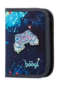 Black and blue fabric wallet featuring a gaming controller design with bright colors, accented with the text "baagl" in turquoise.