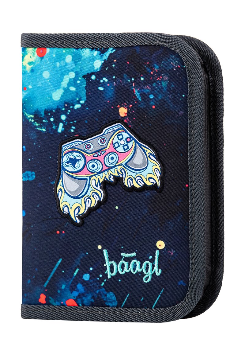 Black and blue fabric wallet featuring a gaming controller design with bright colors, accented with the text "baagl" in turquoise.