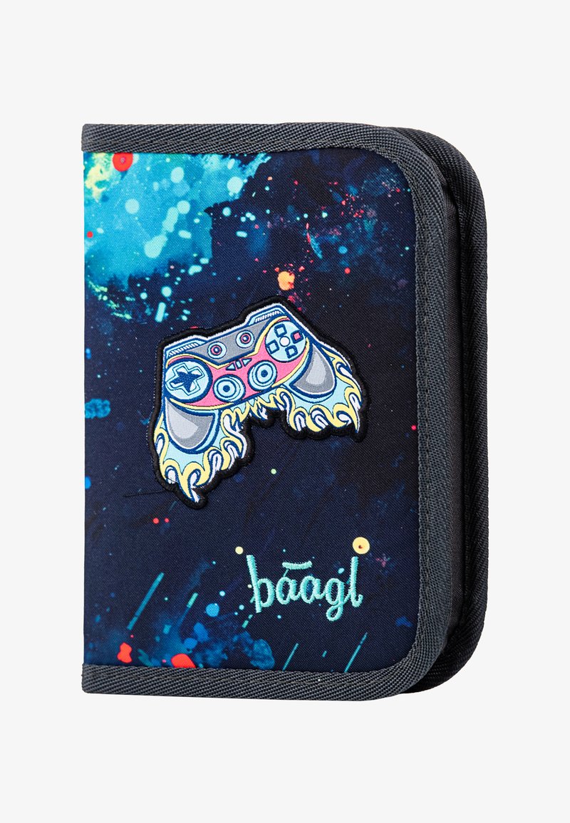 Black and blue fabric wallet featuring a gaming controller design with bright colors, accented with the text "baagl" in turquoise.