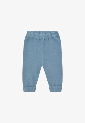 Pantalon tricoté bleu clair avec taille et poignets côtelés, doté d'une coupe décontractée et d'un tissu texturé. Convient pour une tenue décontractée.