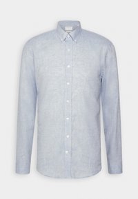 Jasnoniebieska lniana koszula zapinana na guziki, z klasycznym kołnierzykiem, długimi rękawami i subtelną fakturą. Regularny krój z guzikami z przodu.