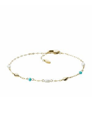 Bracelet délicat en chaîne d'or avec des petites perles turquoise, blanches et dorées en forme de goutte, avec un fermoir à mousqueton.
