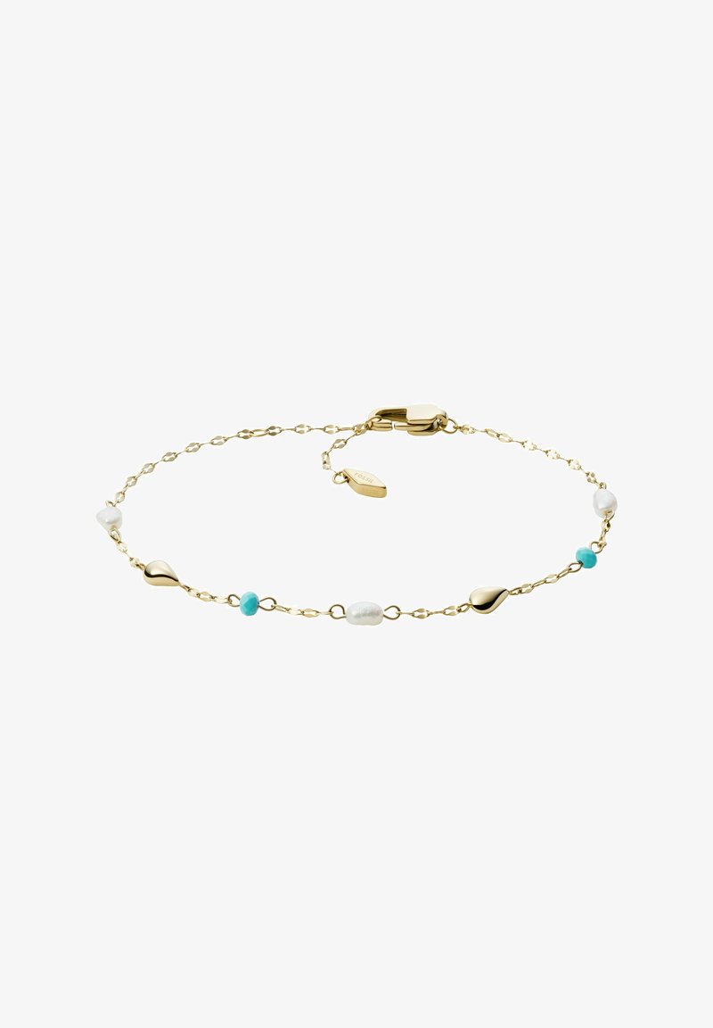 Bracelet délicat en chaîne d'or avec des petites perles turquoise, blanches et dorées en forme de goutte, avec un fermoir à mousqueton.