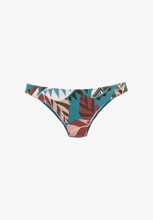 Braguita de bikini de tiro bajo con estampado de hojas tropicales multicolor en tonos verde azulado, óxido, rosa, azul, negro y blanco sobre fondo blanco.