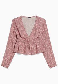 Blusa floreale rosa con maniche lunghe, scollatura a V profonda, vita arricciata e orlo peplum. Realizzata in tessuto leggero con una finitura texturizzata.