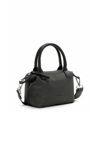 Borsa a tracolla grigia compatta realizzata in leather texturizzato, con doppi manici arrotondati e una tracolla regolabile con dettagli in argento.