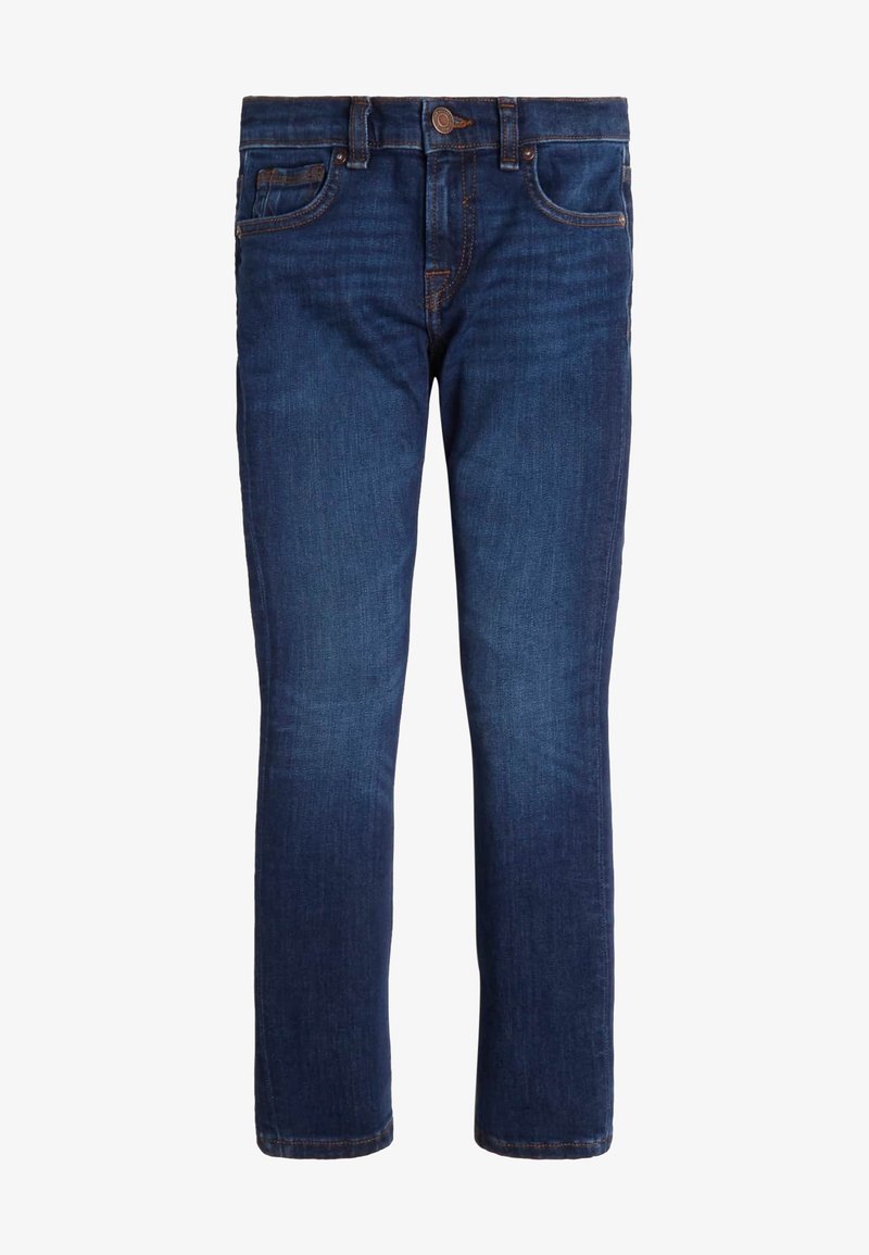 Dunkelblaue Denim-Jeans mit geradem Schnitt, ausgestattet mit fünf Taschen, einem Knopfverschluss vorne und kontrastierenden Nähdetails.