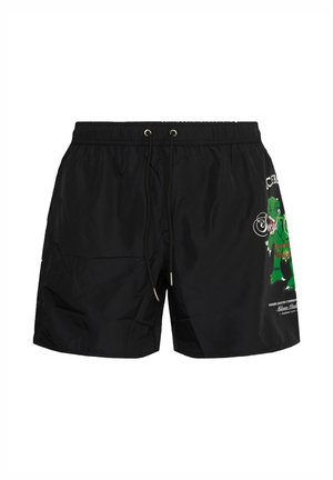 Black swim shorts with elastic waistband and drawstring, featuring a green teddy bear graphic and white text on the right leg.