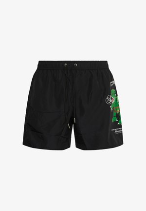 Pantaloncini da bagno neri con vita elastica e coulisse, con grafica di un orsacchiotto verde e testo bianco sulla gamba destra.