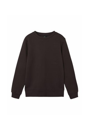 Dunkelbraunes Langarm-Sweatshirt mit Rundhalsausschnitt aus weichem Stoff, mit gerippten Bündchen und Saum, flach auf weißem Hintergrund liegend.