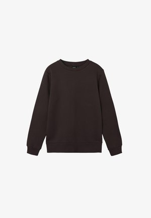 Dunkelbraunes Langarm-Sweatshirt mit Rundhalsausschnitt aus weichem Stoff, mit gerippten Bündchen und Saum, flach auf weißem Hintergrund liegend.