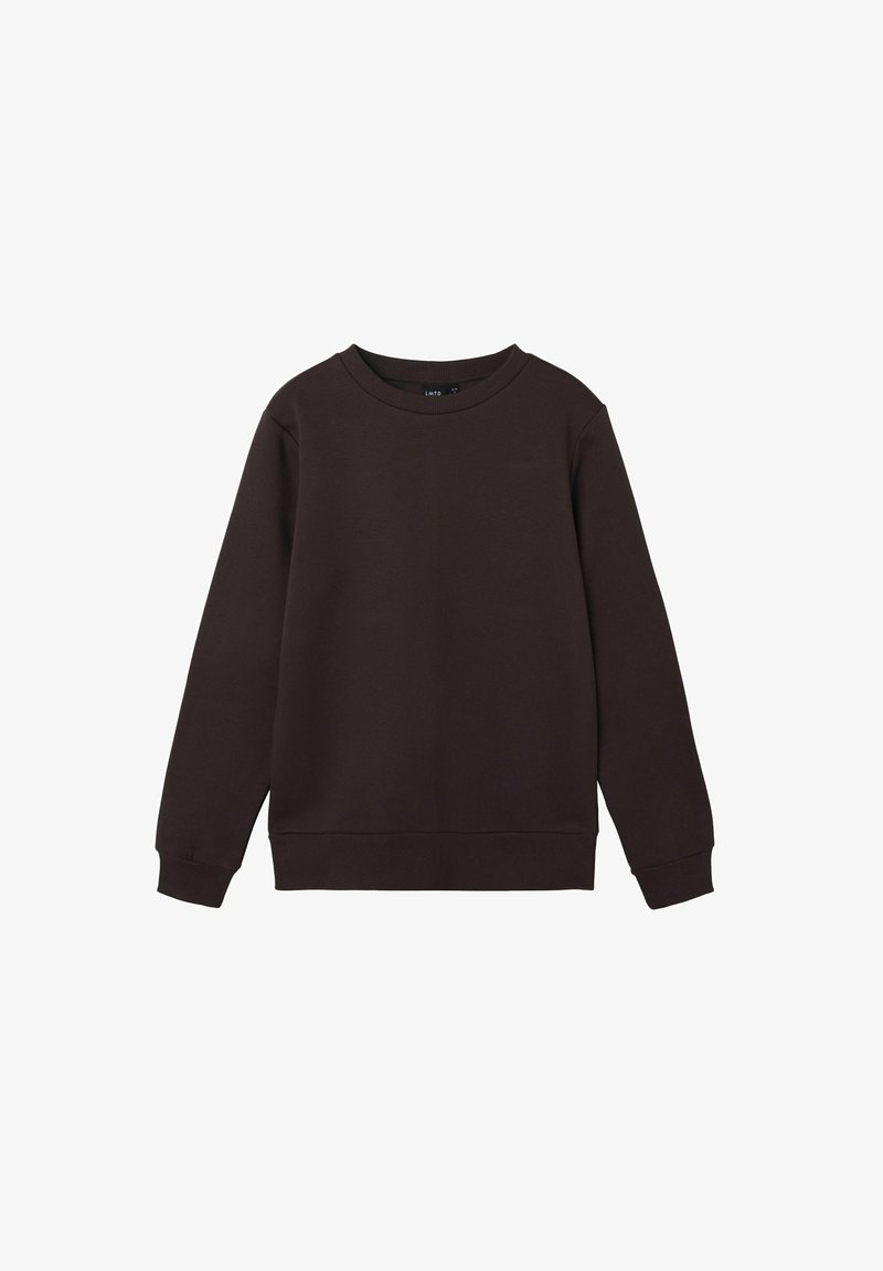 Sweat-shirt marron foncé à manches longues et col rond, fabriqué en tissu doux, avec des poignets et un ourlet côtelés, posé à plat sur un fond blanc.