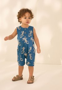 Blå bomuldsdragt med øglemønstre, korte ben, to forlommer og træknapper. Bruges med brune sandaler og krøllet hår.