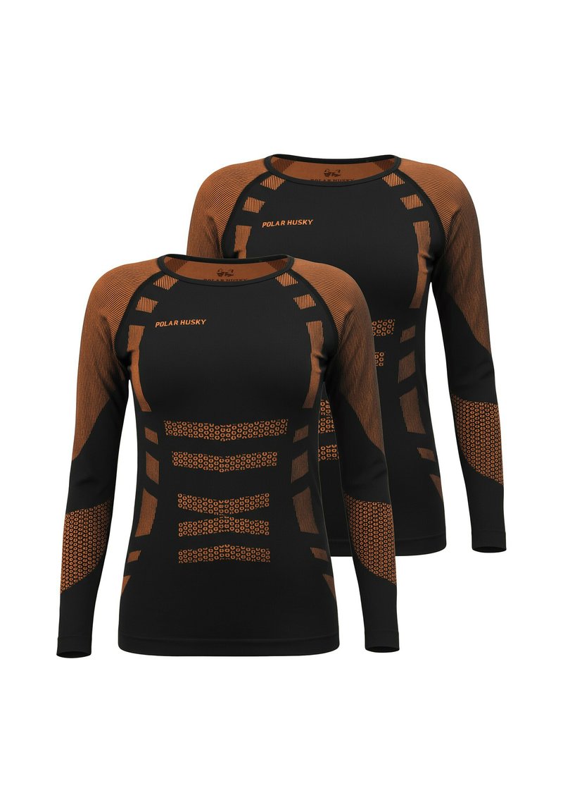 Long-sleeve athletic tops in black with orange accents. Features textured fabric, geometric patterns, and a round neck design.