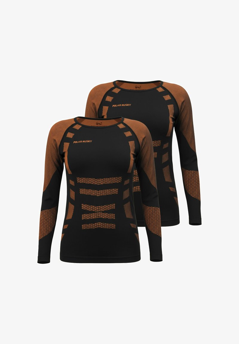 Langärmelige Sportoberteile in Schwarz mit orangefarbenen Akzenten. Verfügen über strukturierten Stoff, geometrische Muster und einen Rundhalsausschnitt.