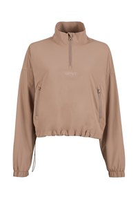 Beige pulovrová bunda s vysokým límcem, zipem vpředu a dvěma bočními kapsami. Disponuje elastickými manžetami a staženým lemem pro přiléhavý vzhled.