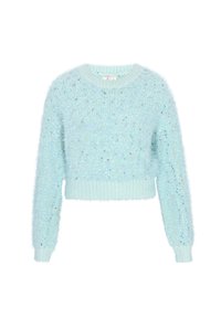 Világoskék, rövidített pulóver bolyhos textúrával, színes pöttyökkel az egész felületén, bordás mandzsettával és aljjal.