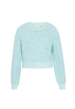 Jasnoniebieski, krótki sweter o puszystej teksturze, z wielokolorowymi plamkami i ściągaczami przy rękawach oraz u dołu.