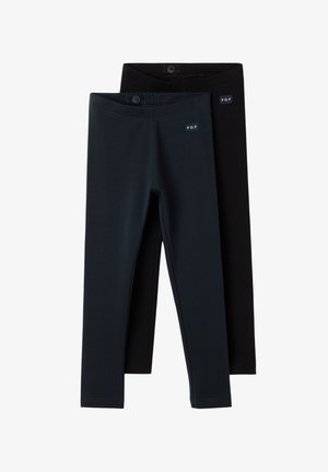 Twee paar leggings: een marineblauw en een zwart paar. Beide zijn gemaakt van rekbare stof, met een eenvoudig ontwerp en een klein merkembleem op de tailleband.