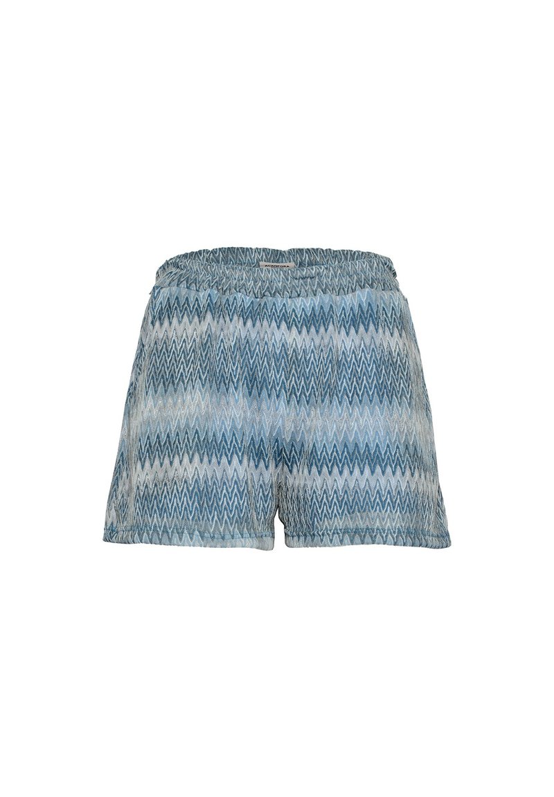 Pantaloni corti a fantasia con un design a zigzag in diverse sfumature di blu e bianco. Realizzati in un tessuto leggero con una vita elastica.