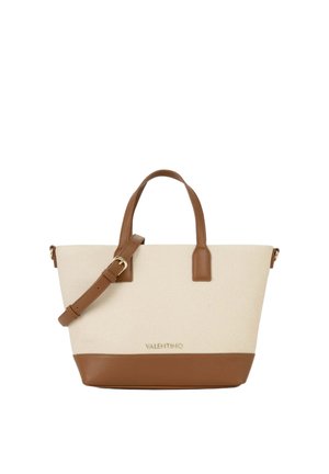 Bolso tote beige y marrón con asas dobles y correa ajustable para el hombro, forma rectangular, logo de Valentino en el centro delantero.
