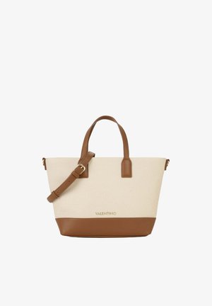 Beige-braune Tragetasche mit zwei Griffen und verstellbarem Schultergurt, rechteckige Form, Valentino-Logo in der vorderen Mitte.