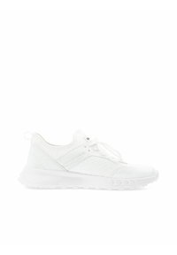 Weiße Sportschuh mit einem Obermaterial aus Mesh, strukturierten Paneelen, flachen Schnürsenkeln und gepolsterter Sohle. Verfügt über eine abgerundete Zehenpartie und dezente Markenkennzeichnung.