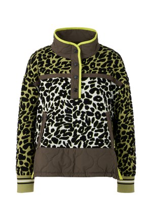 Leopard print pullover jacket featuring textured patterns in black and green, with brown quilted accents, a high collar, and button closure.