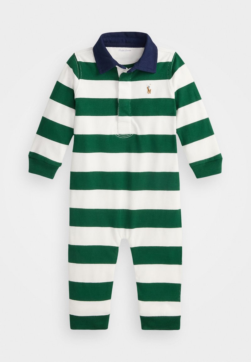 Macaquinho às riscas verdes e brancas, com mangas longas, colarinho estilo polo em azul-marinho, e um pequeno logótipo no peito. Material de algodão suave.