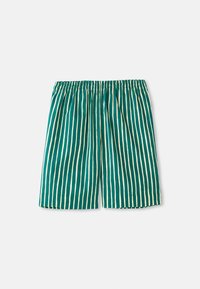 Pantaloni scurți verzi și crem cu dungi, cu un brâu elastic, dintr-un material ușor, având linii verticale și o croială lejeră.
