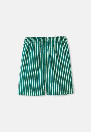 Grønne og kremfargede stripete shorts med elastisk liv, laget av lett stoff, med vertikale linjer og en avslappet passform.