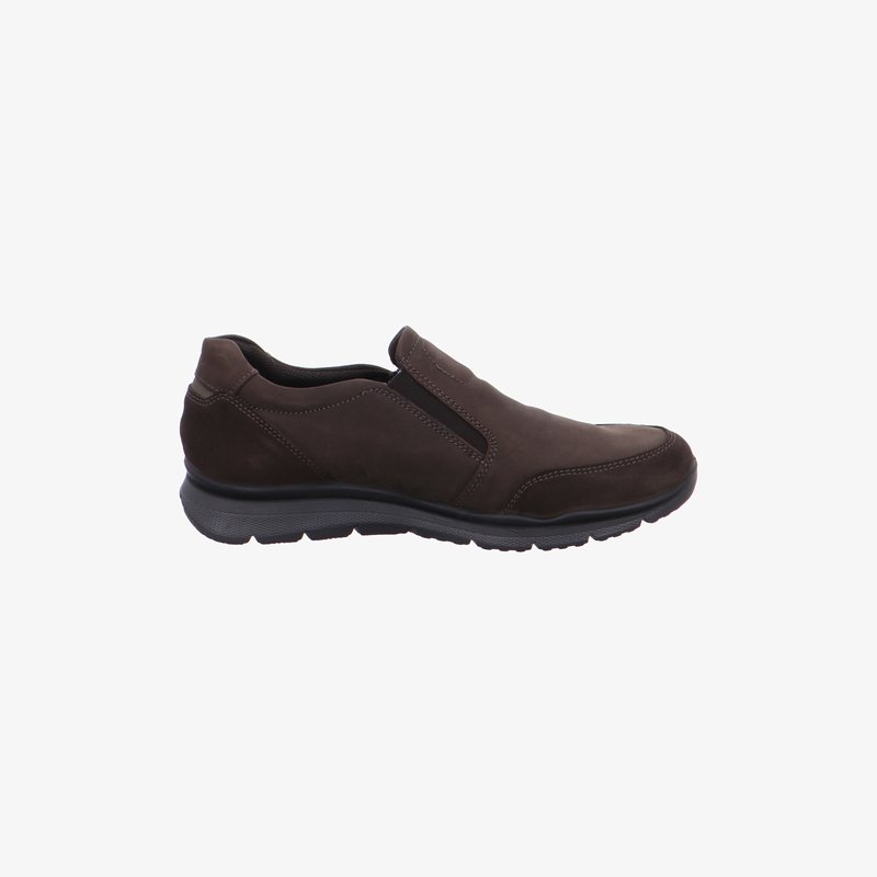 Dark brown slip-on casual shoe with stitched detailing and black rubber sole, designed for comfort and everyday wear.