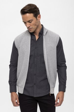 Grijze zip-up vest van textuur gebreid materiaal, met ronde halslijn en ribgebreide zoom, gedragen over een donker geknoopt overhemd.