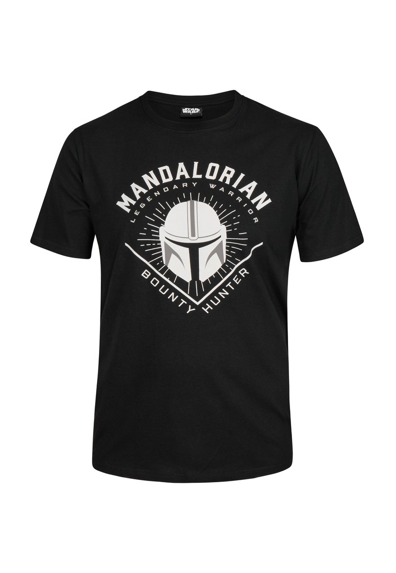 Zwarte katoenen t-shirt met een grafische print van een helm, met de tekst "MANDALORIAN LEGENDARY WARRIOR BOUNTY HUNTER" in het wit.