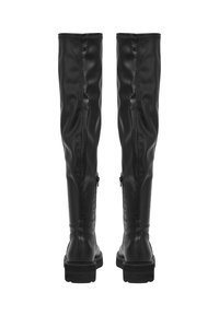 Bottes noires montantes en cuir lisse, présentant un design épuré, des fermetures éclair latérales et une semelle robuste avec un léger talon.