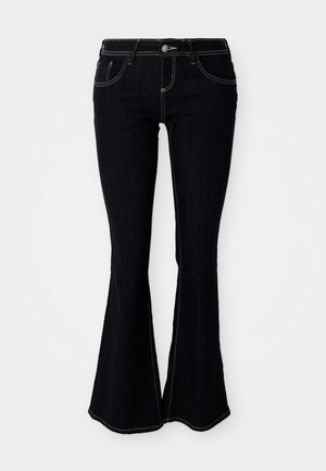 Bredde jeans i mørk vask med høj talje, for- og baglommer samt kontrasterende gul syninger på sømmene.