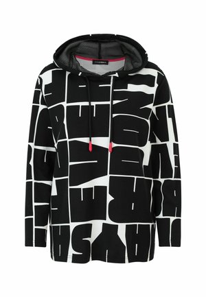 Schwarzer und weißer Hoodie mit großem, auffälligem Blockbuchstabenmuster, schwarzen Kordeln mit roten Spitzen und einer meshgefütterten Kapuze.