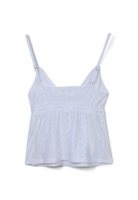 Camisola bianca in cotone con spalline regolabili, vita arricciata e motivo ad occhio con piccoli ritagli su tutta la superficie.