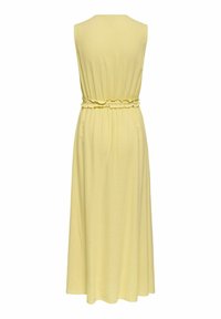 Robe maxi jaune pâle sans manches avec taille élastiquée et détail à volants, vue de dos sur fond blanc.