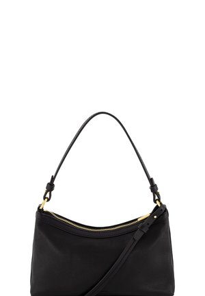 Sac à bandoulière en cuir noir avec fermeture éclair dorée et sangle réglable, présenté sur fond blanc.