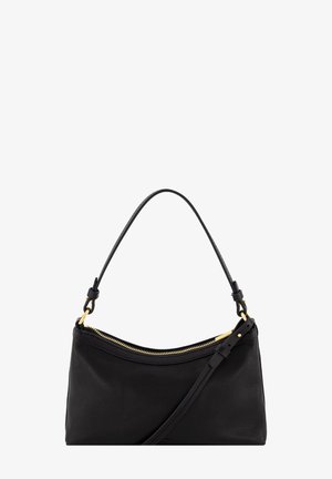 Sac à bandoulière en cuir noir avec fermeture éclair dorée et sangle réglable, présenté sur fond blanc.