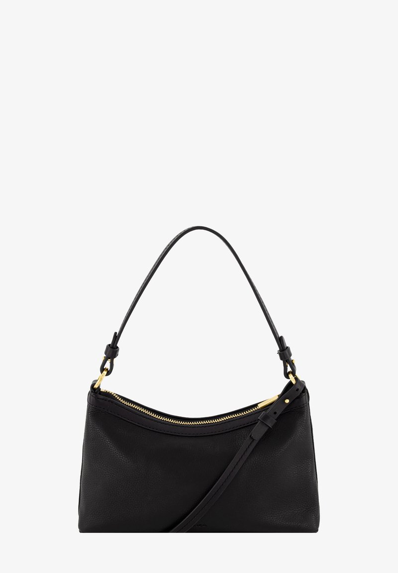 Sac à bandoulière en cuir noir avec fermeture éclair dorée et sangle réglable, présenté sur fond blanc.