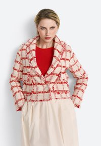 Veste en tweed à carreaux rouges et crème avec une coupe ajustée, des revers larges et deux boutons. Portée sur un top en tricot rouge, associée à une jupe crème.