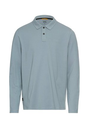 Lichtblauw langemouwpoloshirt, gemaakt van katoen, met een kraag, een twee-knops sluiting en een klein logo op de borst.